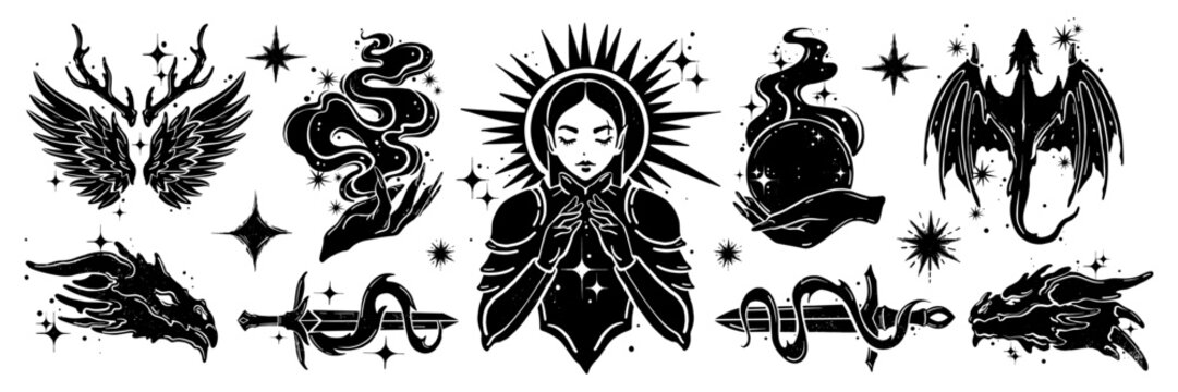 Fantasy linocut stamp set, fairy tale engraving vector dragon, magic female knight silhouette, spell. Mystic logotype collection, spiritual symbol, potion icon wizard sword. Witchcraft fantasy linocut