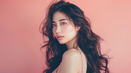 Naklejka premium 25 year old asian woman with gorgeous twisted curls, long hair coming down from shoulders, posing on pastel mono color solid background,