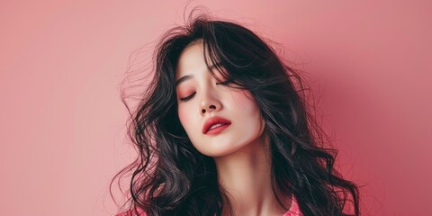 Naklejka premium 25 year old asian woman with gorgeous twisted curls, long hair coming down from shoulders, posing on pastel mono color solid background