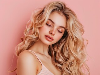 Naklejka premium 25 year old blonde woman with gorgeous twisted curls, long hair coming down from shoulders, posing on pastel color solid background