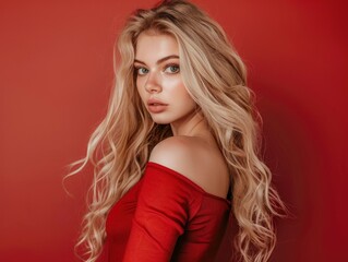 Naklejka premium 25 year old blonde woman with gorgeous twisted curls, long hair coming down from shoulders, posing on vibrant solid background