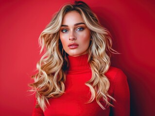 Fototapeta premium 25 year old blonde woman with gorgeous twisted curls, long hair coming down from shoulders, posing on vibrant solid background