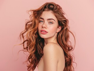 Naklejka premium 25 year old caucasian woman with gorgeous twisted curls, long hair coming down from shoulders, posing on pastel mono color solid background