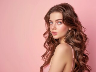 Naklejka premium 25 year old caucasian woman with gorgeous twisted curls, long hair coming down from shoulders, posing on pastel mono color solid background