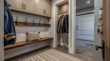 A modern mudroom with custom built-in storage, a bench, and a row of hooks for coats, leading to an immaculately organized garage.