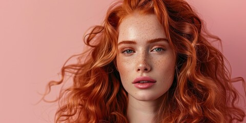 Fototapeta premium 25 year old red-haired woman with gorgeous twisted curls, long hair coming down from shoulders, posing on pastel mono color solid background