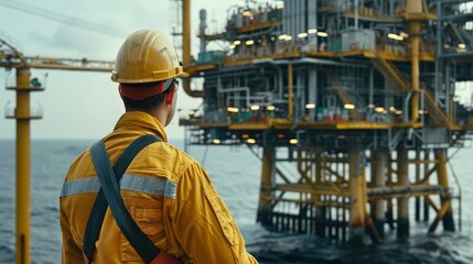 Fototapeta premium A gas and oil offshore platform engineer in overalls looks at the platform in the background, cinematic