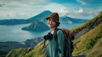 Beautiful female travel blogger poses on breathtaking nature background