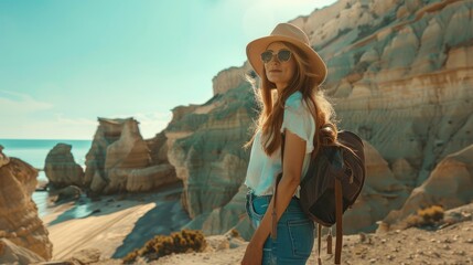 Beautiful female travel blogger poses on breathtaking nature background