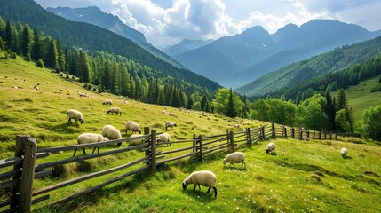 A tranquil scene of sheep grazing on a green grassy meadow in the foreground, with lush forests and towering mountains in the background under a partly cloudy sky.