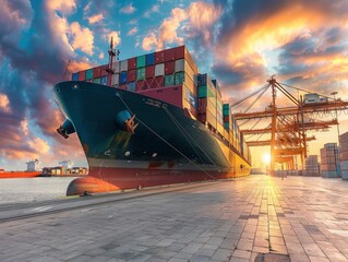 Brand new giant container ship stands on unloading in the port at the berth, modern infrastructure, beautiful daytime sky