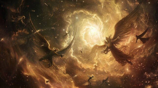 A cosmic clash between seraphic angels and demonic entities amidst a cosmic storm of swirling cosmic dust and radiant starlight.