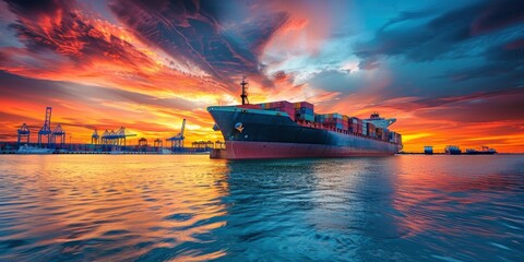 Naklejka premium Huge container ship stands on unloading in the port, modern infrastructure, equipped berth, beautiful sky