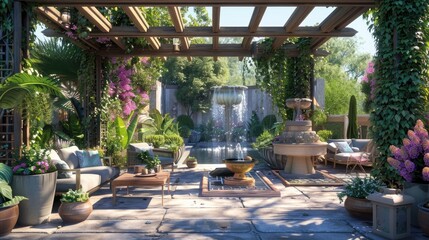 A serene garden patio with a pergola, comfortable outdoor furniture, a water fountain, and an array of potted plants, perfect for relaxation.