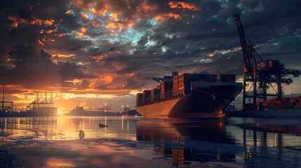 Huge container ship stands on unloading in the port, modern infrastructure, equipped berth, beautiful sky