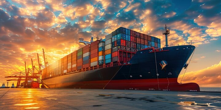 Brand new giant container ship stands on unloading in the port at the berth, modern infrastructure, beautiful daytime sky