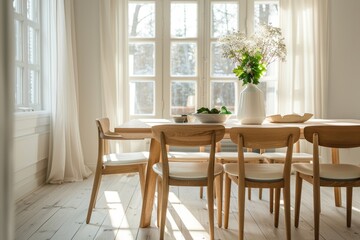 Natural wood furniture in minimalist dining room. Scandinavian style home interior design of modern living room, Generative AI