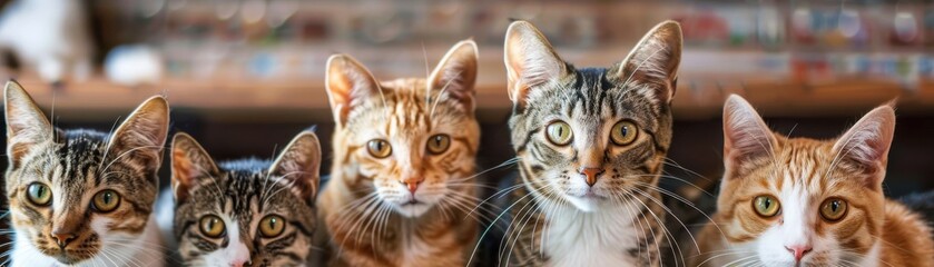 Naklejka premium Celebrating international cat breeds with fun facts, realistic, natural light, high resolution, background of a lively pet adoption fair, entertaining and informative
