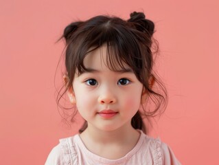 Naklejka premium Portrait of a cute asian child, beautiful face with big eyes, pastel color background