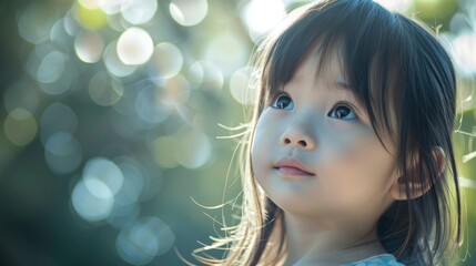 Fototapeta premium Portrait of a cute asian child, beautiful face with big eyes, light saturated blurred nature background