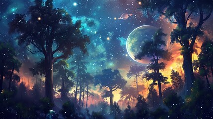 Obraz premium Night Forest With Stars