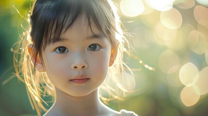 Fototapeta premium Portrait of a cute asian child, beautiful face with big eyes, light saturated blurred nature background