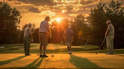 Four golfers are seen engaged in a game at sunset on a scenic golf course, showcasing the serene beauty of the landscape and their commitment to the sport.