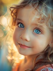 Fototapeta premium Portrait of a cute child, beautiful face with big eyes, light saturated blurred nature background