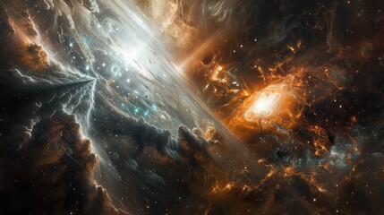A cosmic clash between titanic entities of light and shadow amidst swirling cosmic dust and stellar remnants.