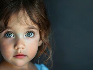 Portrait of a cute child, beautiful face with big eyes, dark blurred background
