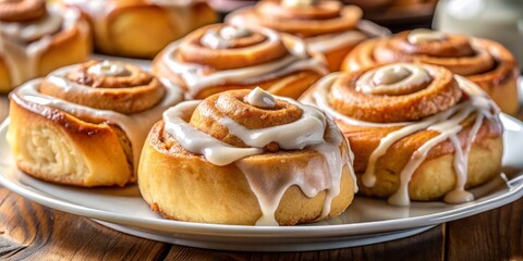 Close-Up of Freshly Baked Cinnamon Rolls with Creamy Icing, cinnamon rolls, sweet treats, breakfast pastries,  delicious dessert