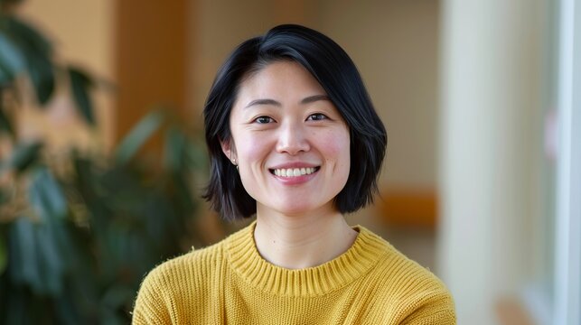 A smiling woman in a yellow sweater stands indoors in a brightly lit room. Her friendly demeanor and modern setting suggest a comfortable and inviting environment.