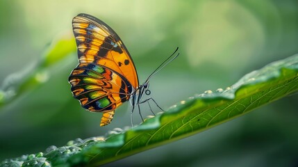 Fototapeta premium beautiful and colorfull butterfly stand in a green leaves macro photography