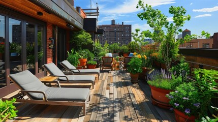 Naklejka premium A serene rooftop garden with a wooden deck, lounge chairs, and a variety of potted plants, offering a peaceful outdoor retreat.