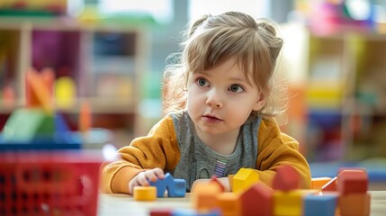 A little girl with ponytails plays with various toys in a colorful classroom. Her curious expression and the vivid setting emphasize the excitement of learning and discovery.