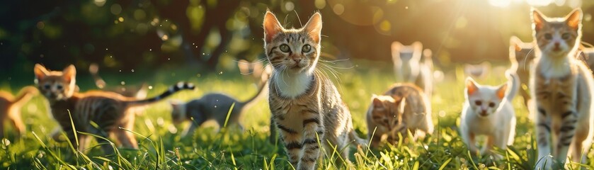 Obraz premium Celebrating international cat welfare with fun activities, realistic, vibrant colors, photography, background of a sunny park, joyful and informative