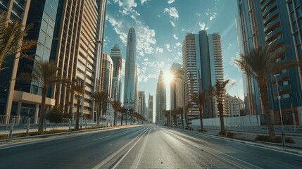Skyscrapers of a modern city on a sunny day and a long street between them going beyond the horizon