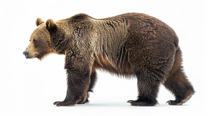 The photograph presents a majestic brown bear in side profile on a plain white background, highlighting the animal's fur texture and powerful build against the minimalistic setting.