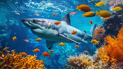 A magnificent great white shark swims gracefully among vibrant and colorful coral reefs, surrounded by various species of bright orange and yellow fish in an underwater setting.