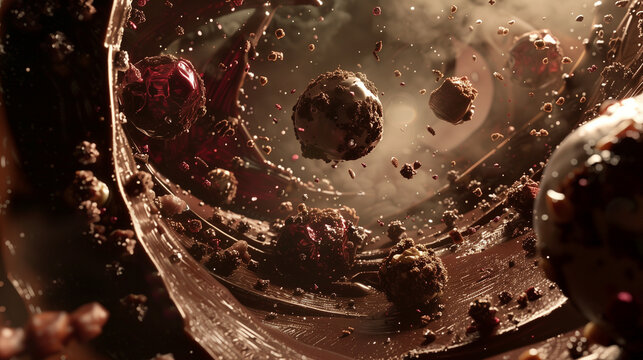 abstract macro view of milk cholate mixture with bonbons and crumbles splashing