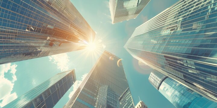Skyscrapers of a modern city on a sunny day view from below, beautiful sky and sun rays, cinematic