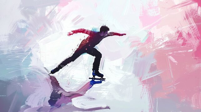 A dynamic image of an ice skater in full stride, set against a vibrant, abstract background, capturing the energy and fluidity of motion with brilliant brush strokes.