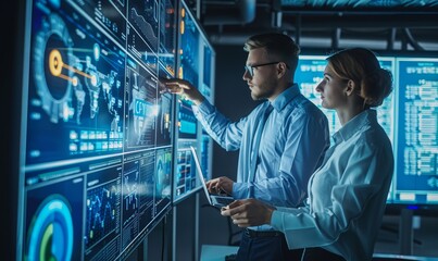 Manager and Computer Science Engineer Talk while Using Big Screen Display and a Laptop, Showing Infrastructure Infographics Data. Telecommunications Company System Control and Monitoring,Generative AI