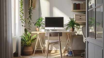 A bright and airy home office setup featuring a minimalist desk, modern computer, plentiful plants, and natural light, embodying simplicity and a refreshing work environment.