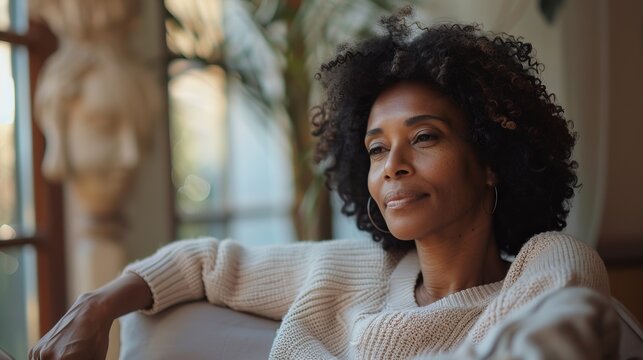 A woman with a natural curly hairstyle is seated on a cozy couch, looking thoughtfully into the distance, with soft light pouring in from the window behind her.