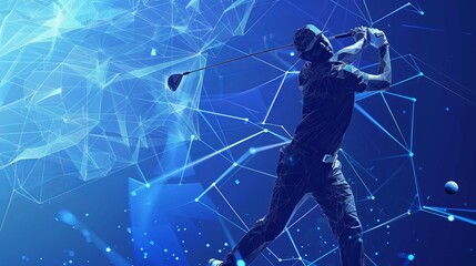A futuristic digital artwork depicting a golfer in mid-swing, enhanced by a network of blue lines and geometric shapes symbolizing the fusion of sports and technology.