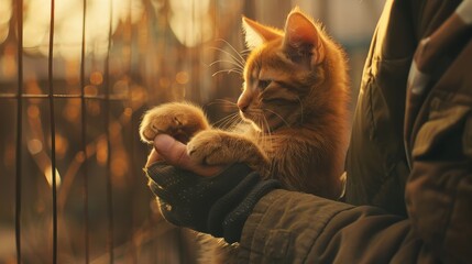 Heartwarming moment of a vet teaching cat care, realistic, soft lighting, high detail, background of a wellequipped veterinary clinic, touching and educational