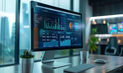 Computer Monitor with Finance Statistical Data Software and Progressive User Interface Standing on the Desk in the Modern Business Office. In the Background Glass Wall with Big City, Generative AI
