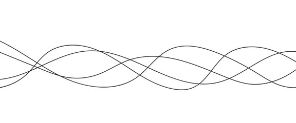 Abstract Wavy Line. Wavy line horizontal divider outline minimalist art. Thin line wavy abstract vector background. Curve wave seamless pattern. Line art striped graphic template. On white background.