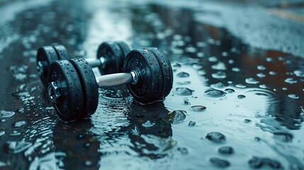 Pair of dumbbells lies on a street surrounded by puddles, reflecting the urban wet weather, symbolizing strength, determination, and adaptability in various environments.